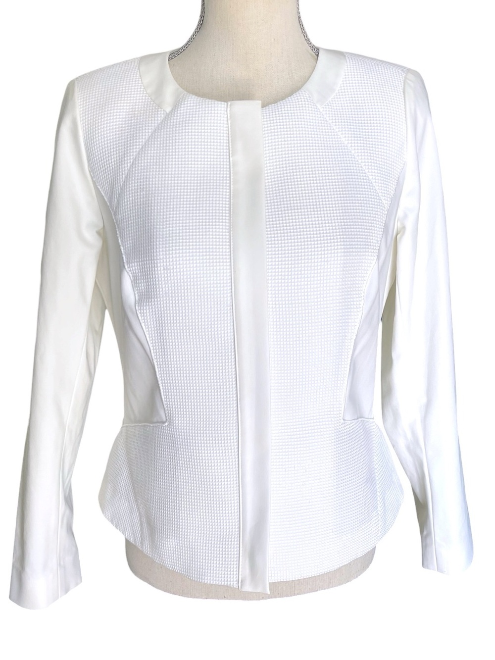 Lafayette 148 White Cotton Blend Mesh Overlay Zip Front Placket Short Jacket (6)